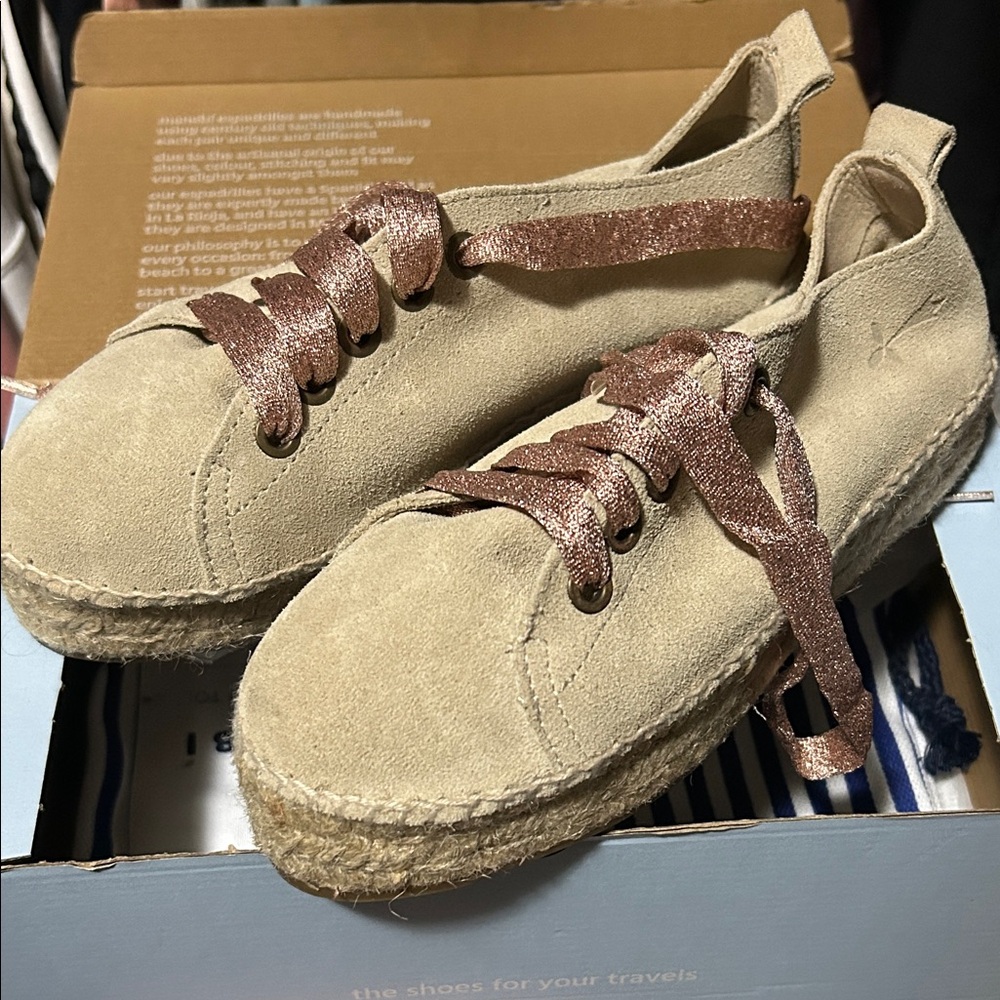 Manebi Champagne Beige Espadrille Sneakers with Glitter Laces